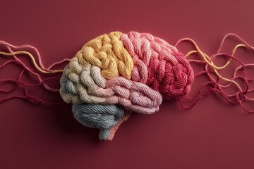 colorful thread tangled around the brain symbolizing anxiety, stress, overthinking or mental health issues