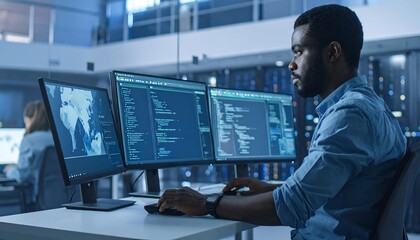 A focused individual working on dual monitors in a high-tech environment, analyzing data