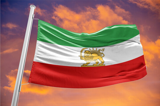 Waving Flag of Iran with Lion and Sun Emblem, Symbol of Protests and Opposition	
