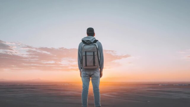A solitary figure in casual attire faces the horizon, embracing the serenity of dawn and the promise of new adventures. The tranquil scene captures freedom, exploration, and self discovery