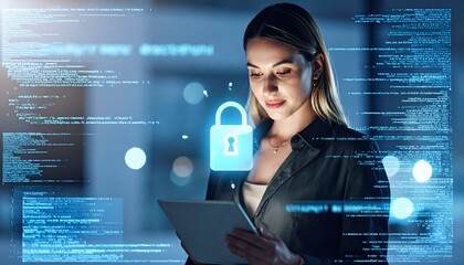 A focused woman engaging with a tablet, surrounded by floating digital security graphics