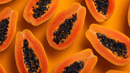 Halved papayas on orange background with black seeds vibrant stock photo for food blogs, tropical themes, health articles, and design.