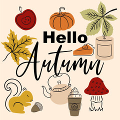 Hello Autumn Doodle Vector Card Background