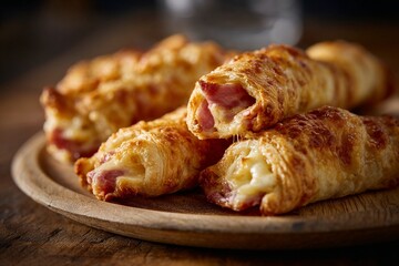 Ham and cheese puff pastries on wooden plate close-up