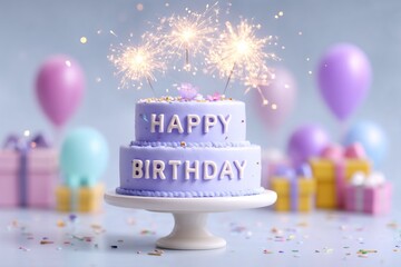 Purple birthday cake with sparklers and gifts in background