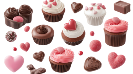 Valentine's day cupcakes and sweets collection, isolated on transparent background