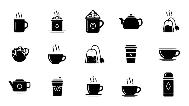 Stylish vector icons of hot tea and coffee beverages for culinary design needs and menus
