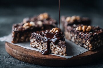 Chocolate nut bars with sauce drizzle on wooden board