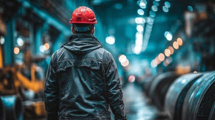 Engineer wearing red helmet inspects industrial factory hall with machinery, production control, safety, technology, modern industry.
