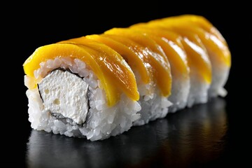 Fresh mango sushi roll with cream cheese on black background