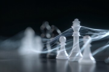 White chess pieces with smoke effect on dark background