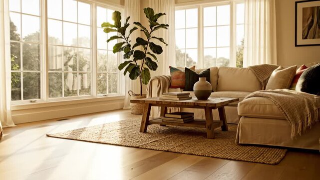Sunlight Streams Into A Bright Living Room With A Large Fiddle Leaf Fig Plant And Cozy Sofa