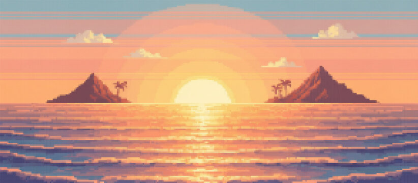 Vibrant pixel art sunset over a calm ocean, featuring distant islands silhouetted against a gradient sky of blue, purple, pink, and orange. A bright sun reflects brilliantly on the tranquil water