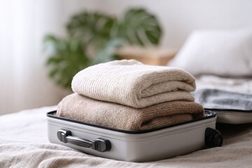 Folded wool sweaters packed in open suitcase indoors