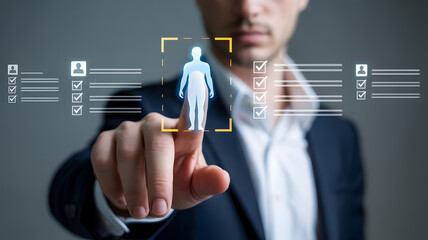 Businessman in suit interacting with virtual human icon and digital interface  futuristic technology concept transparent background