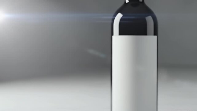 A sleek, dark glass bottle with a pristine blank white label gracefully rotates into a static position against a minimalist grey background. Soft studio lighting highlights the bottle's elegant curves