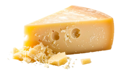 A close-up of a wedge of hard cheese with flakes scattered in front