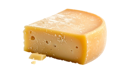 A close-up of a wedge of hard cheese, golden-yellow with small holes and a crumbled piece
