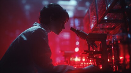 A vision of healthcare innovation: synthetic vaccine coding revealed. Poster illustration. Scientist delving into genetic codes in a state-of-the-art tech laboratory. Hero poster.