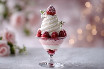 Strawberry parfait dessert with whipped cream and flowers