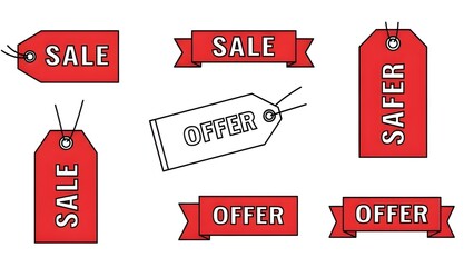 Minimal flat red sale tags and offer ribbons, clean UI/UX design, simple geometric shapes, white background, bold sans-serif fonts, modern ecommerce interface elements, no texture, no shadows, vector 