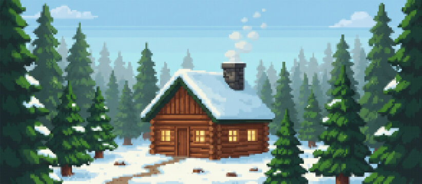 Cozy pixel art log cabin nestled in a snowy winter forest with smoke rising from the chimney, evoking a warm, nostalgic, retro video game atmosphere