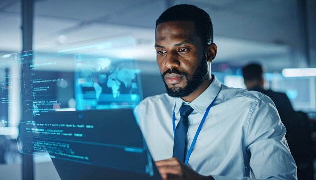 A focused professional working on a laptop surrounded by digitally displayed data and technology - Powered by Adobe