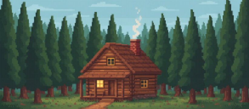 Cozy pixel art log cabin nestled in a snowy winter forest with smoke rising from the chimney, evoking a warm, nostalgic, retro video game atmosphere