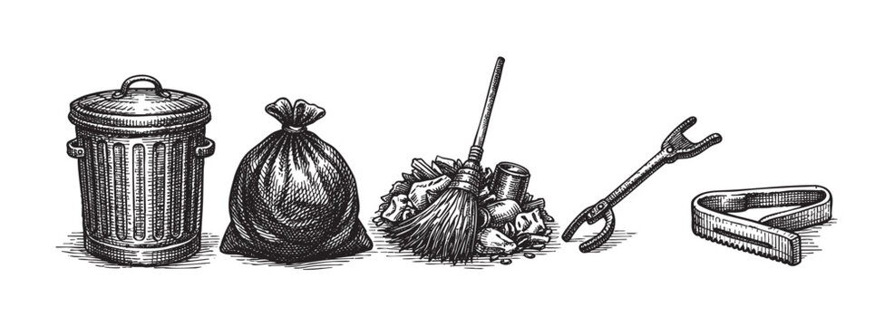 A black and white illustration depicts various items for trash disposal including a bin, garbage bag, broom, pile of debris, and tongs against a white background.