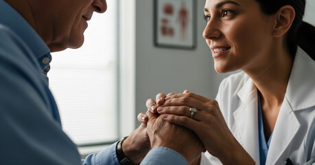 Empathetic female doctor gently holds the hand of an elderly male patient making sincere eye contact