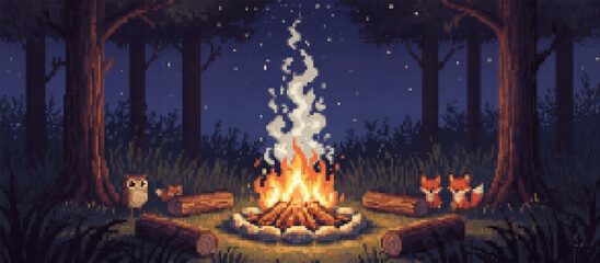 Charming pixel art illustration of forest animals, an owl and two foxes, gathered around a crackling campfire under a starry night sky in a serene forest