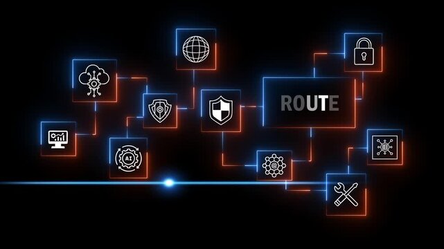 Cybersecurity network route concept with and symbols on black background