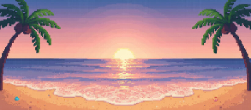 Vibrant pixel art sunset over a tranquil tropical beach, with two palm trees framing the scene. Ocean waves gently kiss the sandy shore under a gradient sky