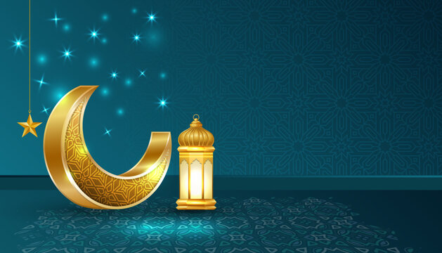 Ramadan Kareem blue luxury golden crescent moon lantern. Eid Mubarak Islamic background banner with pattern.