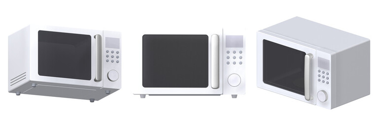 Fototapeta premium Modern white microwave oven 3D render showing multiple angles, stainless steel kitchen appliance