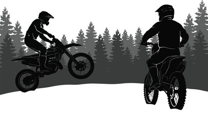 Silhouettes of motocross riders in a stylized winter forest landscape © StockStudio
