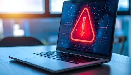 A laptop displays a bright red warning sign on a digital screen against a modern workspace backdrop
