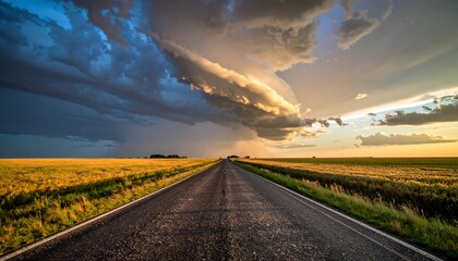 A serene landscape featuring a straight road through golden fields under dramatic cloudy skies