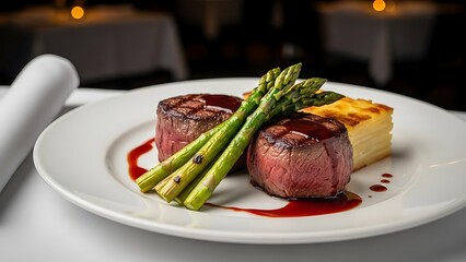 Elegant Seared British Beef Tenderloin Steaks Dinner for Two with Asparagus and Reduction Sauce in a Fine Dining Restaurant Setting
