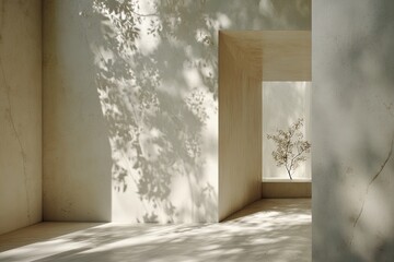 Beige Concrete Interior With Sunlight And Shadow Pattern