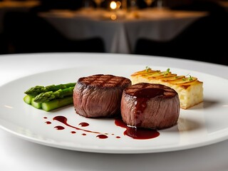 Elegant Seared British Beef Tenderloin Steaks Dinner for Two with Asparagus and Reduction Sauce in a Fine Dining Restaurant Setting