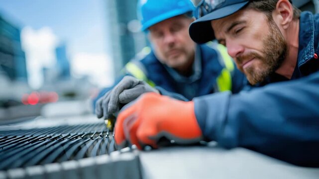 Construction technicians inspecting equipment on rooftop, teamwork and professional maintenance concept