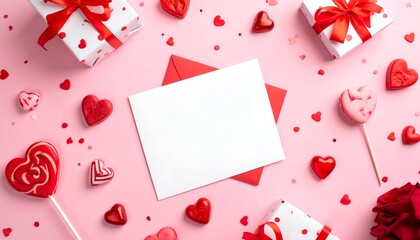 A flat lay of Valentine's Day-themed decor with gifts, hearts, and lollipops on pink background