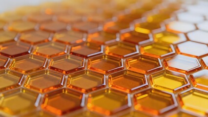 Fototapeta premium Close-up view of honeycomb structure filled with golden honey, showcasing hexagonal cells and natural texture.