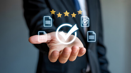 Businessman presenting a checklist icon with document symbols and stars on his hand transparent background