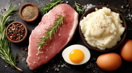 Fresh Meat with Herbs, Mashed Potatoes, Spices, and Eggs Ideal for Culinary and Food-Related Projects