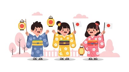 Cute flat vector illustration of children celebrating a cultural festival,happy kids wearing traditional Japanese kimono,soft rounded shapes