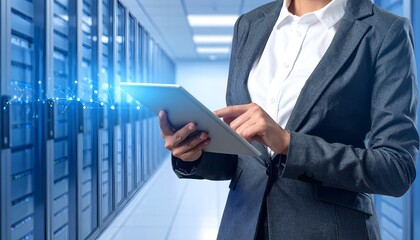 A professional woman in a suit uses a tablet in a data center surrounded by server racks