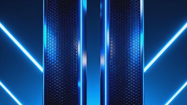 Abstract blue neon light panels with hexagonal texture and glowing lines