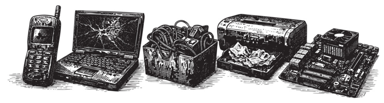 A collection of old and broken electronic devices, including a cell phone, laptop, cables, printer, and circuit board, rendered in a stark black and white illustration style.